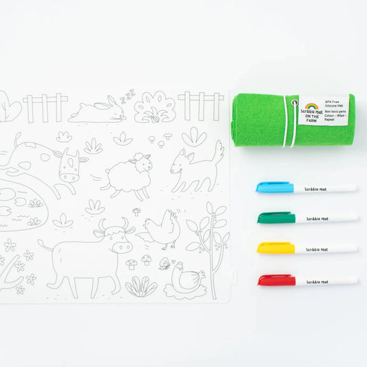 Reusable Wipe Clean Colouring Mat & Pens, On the Farm