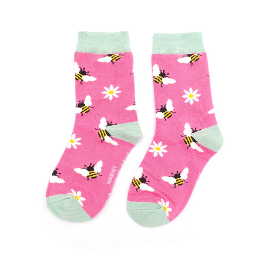 Kids Bamboo Socks, Bees & Daisies/Hot Pink