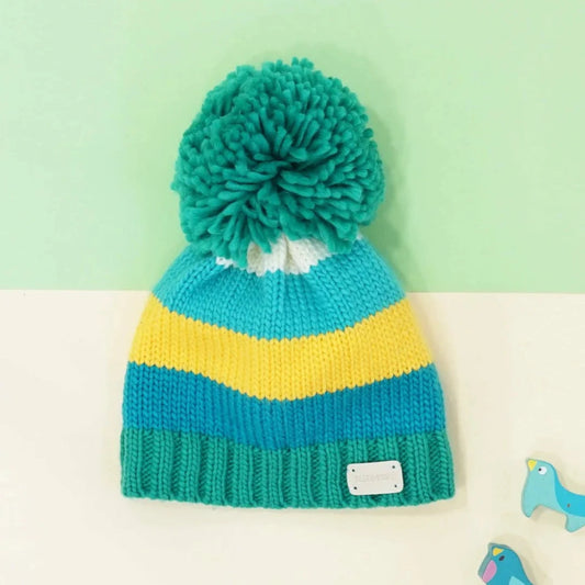 Fleece Lined Knitted Bobble Hat, Green/Mustard