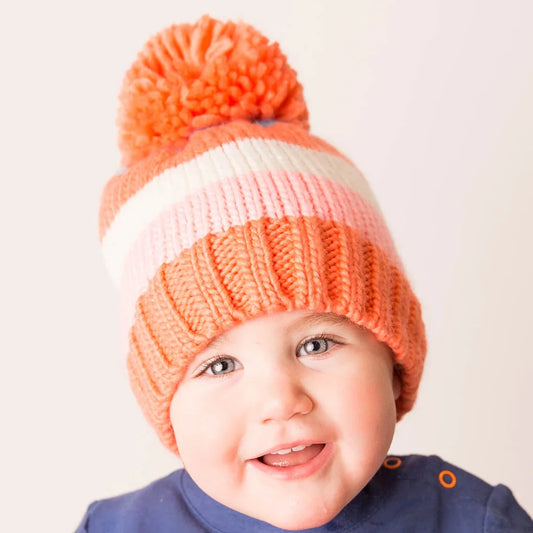 Fleece Lined Knitted Bobble Hat, Coral Pink/Cream