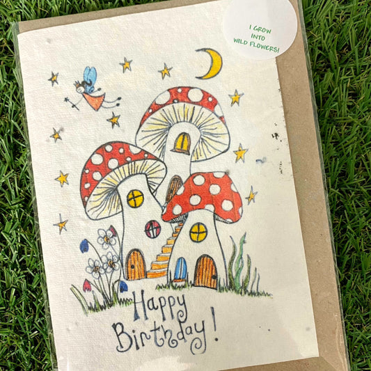 Seed Paper Greeting Card, Mushrooms & Fairies Happy Birthday